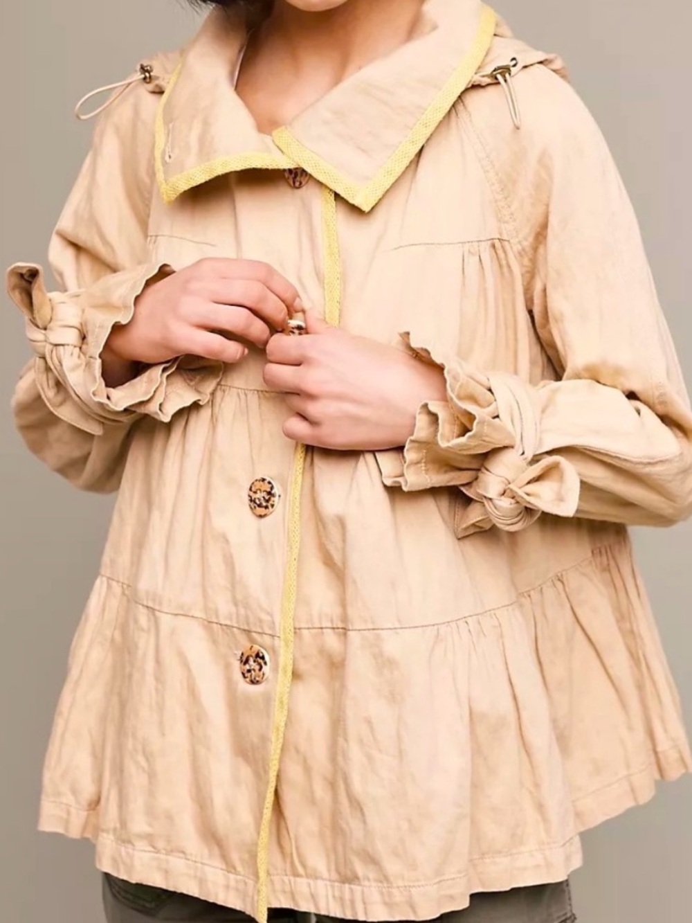 Anthropologie Hei Hei Tiered Swing Trench Coat Khaki Neon Yellow Trim XS
